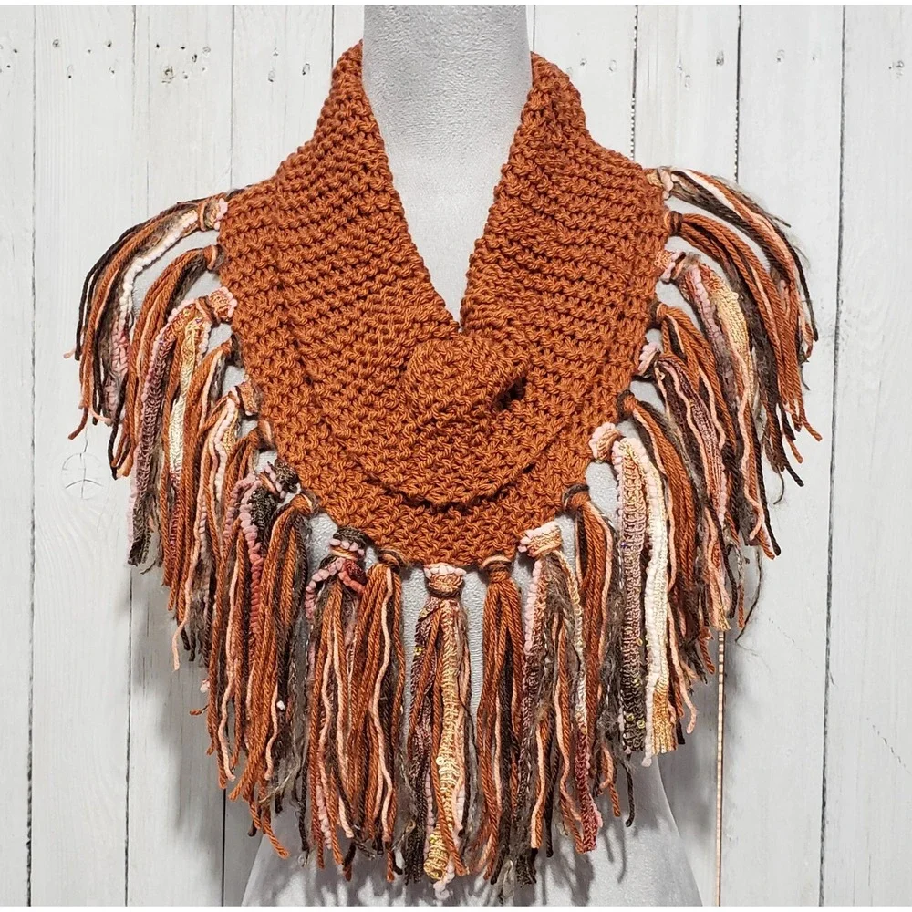 Cowl Scarf Fringe Hand Knitted Orange Rust Womens Boho Hippie Artsy Earthy Glam‎
